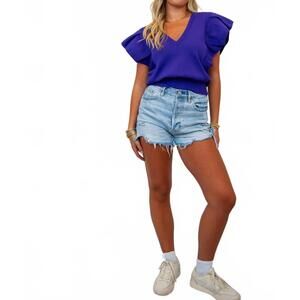 NEW STRUT & BOLT pleated cap sleeve ruffle sweater in purple